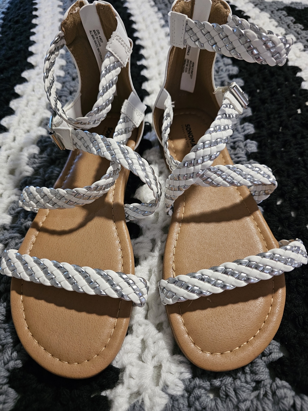 Sonoma Girls Size 4 White Braided Ankle-Strap Sandals with Silver Accent
